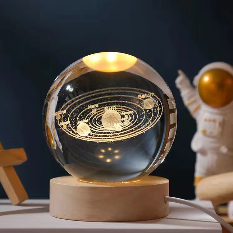3D Galaxy гравированный лазерный хрустальный шар со светодиодным освещением деревянная