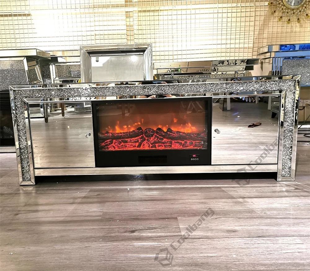 Living Room Crushed Diamond Mirrored TV Stand Cabinet with Electric Fireplace