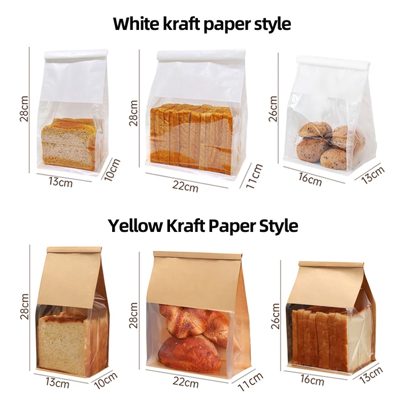 Brown Kraft Paper Bread Bag Flat Bottom Bread Paper Bag With Window Disposable Packing Paper Bag Curled Sealed Printing Logo
