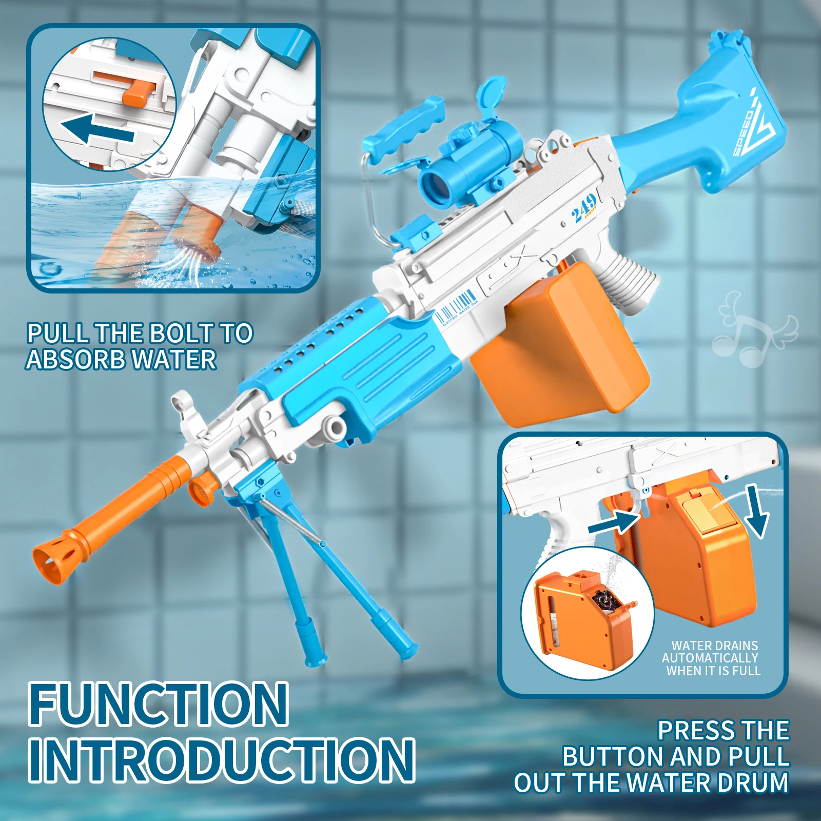 Kids Outdoor Water Play Game Portable Battle Blaster M249 Water Tank Gun Plastic Battery Operated Cool Sniper Water Jet Gun Toy