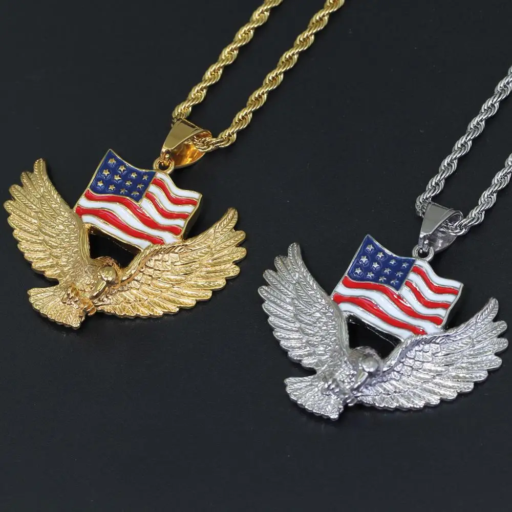 
Hiphop Golden Stainless Steel USA Flag Patriotic American Flag Eagle Pendant Necklace with 3MM Twist Rope Chain 24inches 