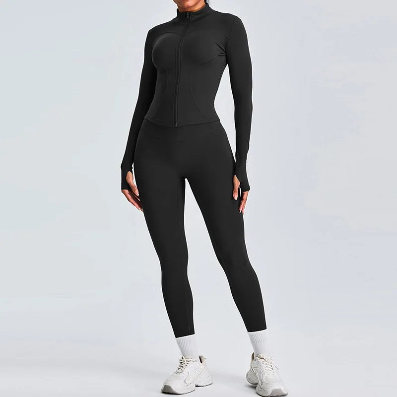 Hot Selling Two Pieces Jacket Legging Set Women Workout Running Activewear High Quality Nude Feeling Athletic Yoga Fitness Sets