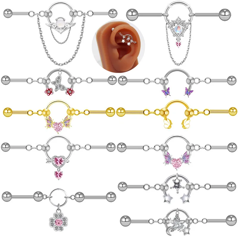 NUORO Simple Surgical Steel Scaffold Industrial Bar Chain Hoop Heart Butterfly Flower Zircon Industrial Piercing