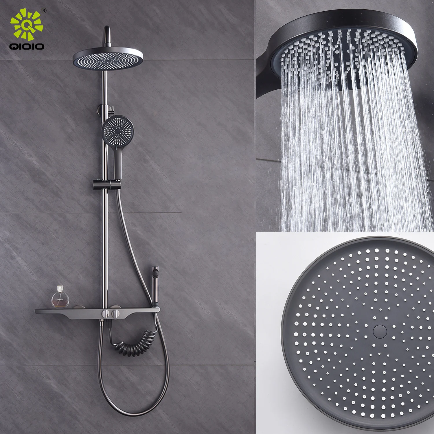Brass Body Space Aluminum Bathroom Wall Mounted Bath Faucet Shower Sets with shelve Round shower head