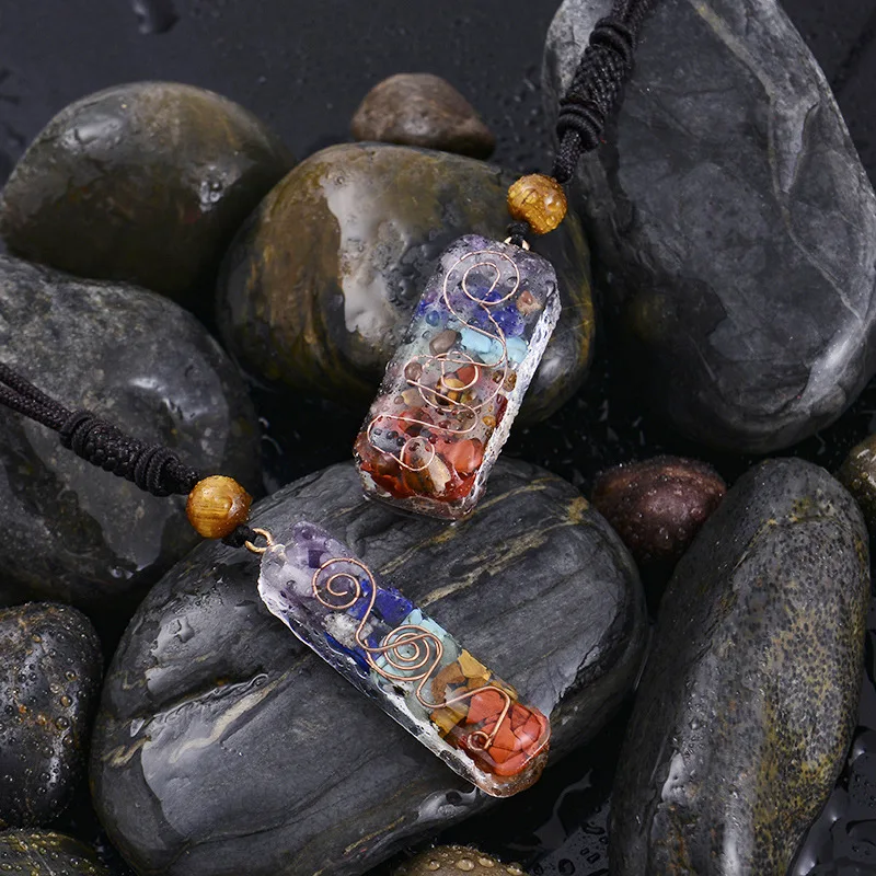 Fashion Healing Natural Stone Bead Crystal Braided Lava 7 Chakra Pendulum Orgonite Necklace for Men And Women