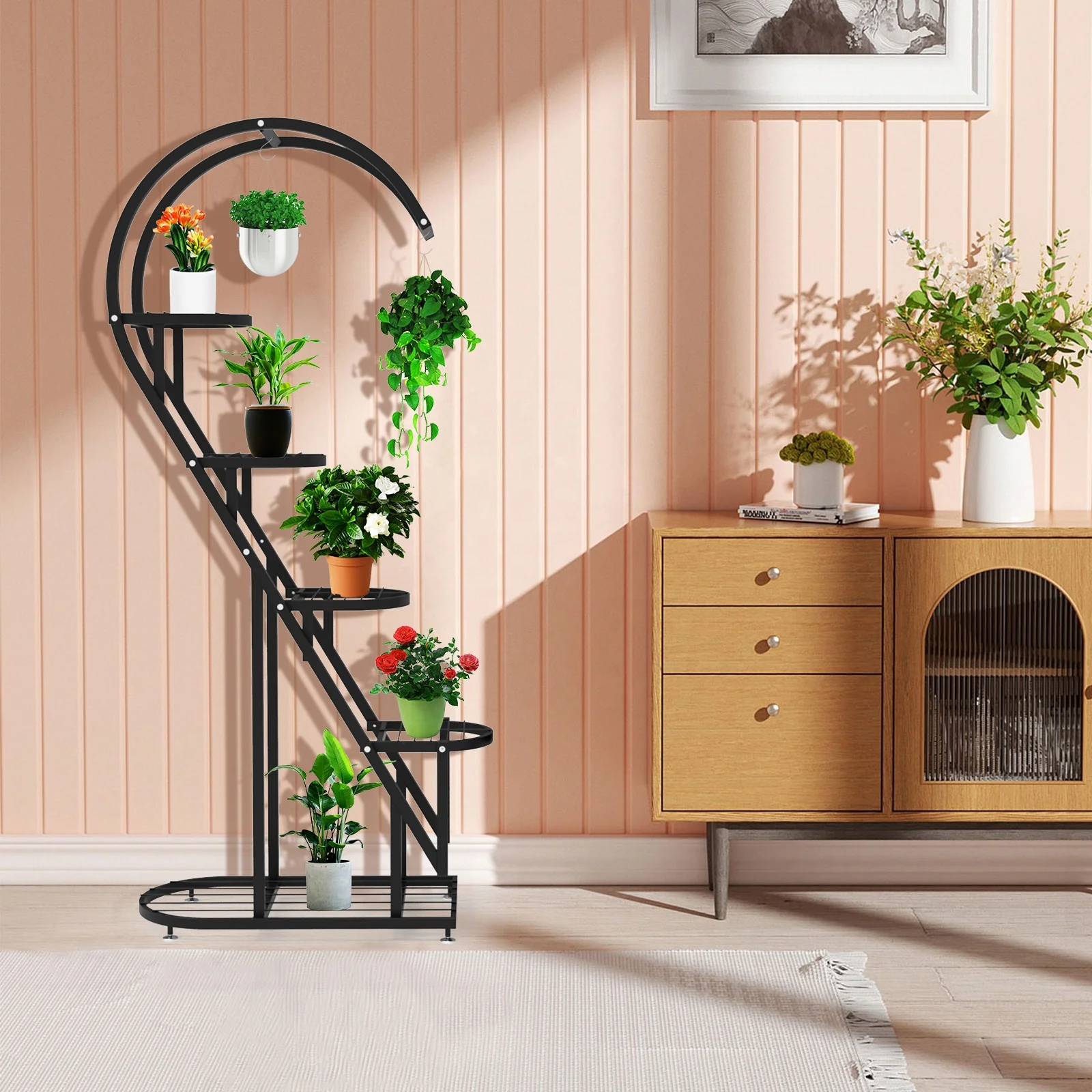 5-Tiers Multipl Multifunction and Style Modern Flower Stand Black Color Iron Display Shelf for Home