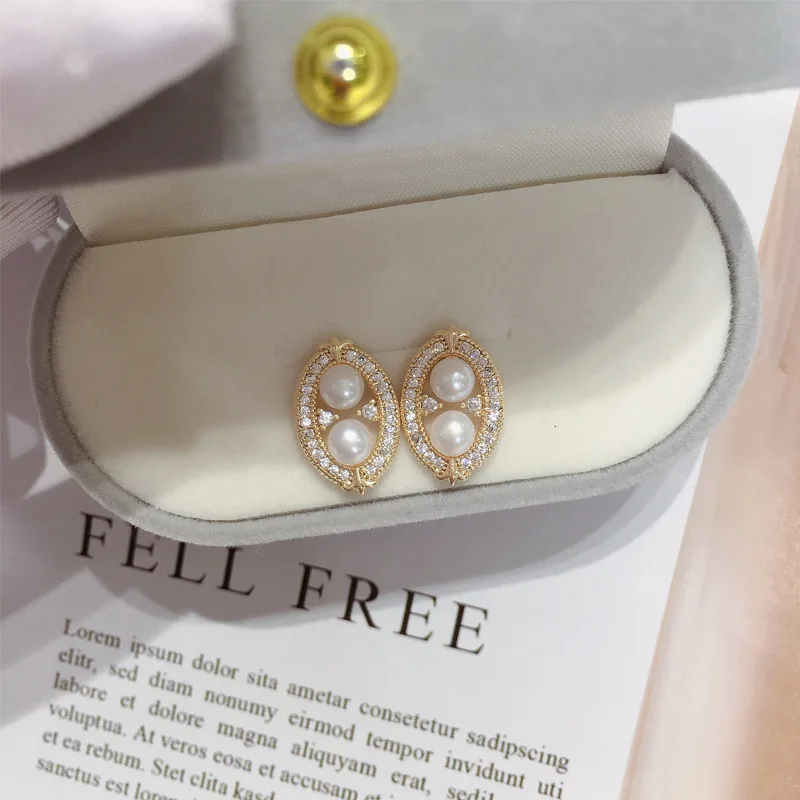 French Style 925 Sterling Sliver Needle Double Real Fresh Water Pearl Vintage Zircon Diamond Oval Studs Earrings For Women