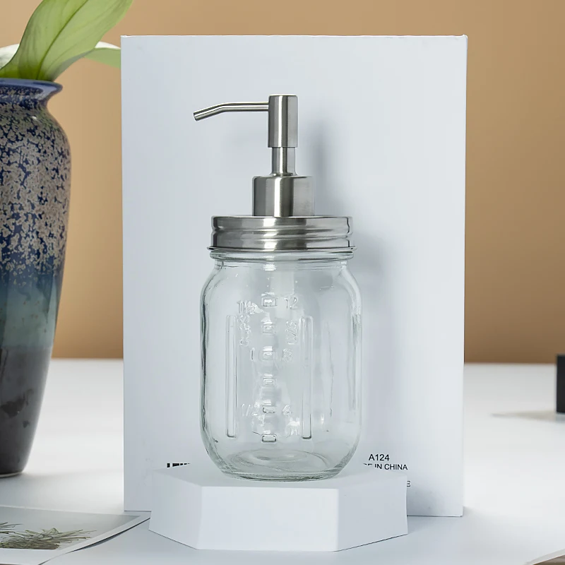 Chuangsheng manufacturer wholesale kitchen bathroom mason jar lotion soap dispenser set with silver stainless steel pump