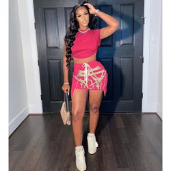 2021 продажу; Женские туфли из двух частей, комплект нарядной одежды светящимся принтом для клубных и недоуздком Носите мини платья комплект из 2 предметов, комплект со штанами, большой размер, платье юбка