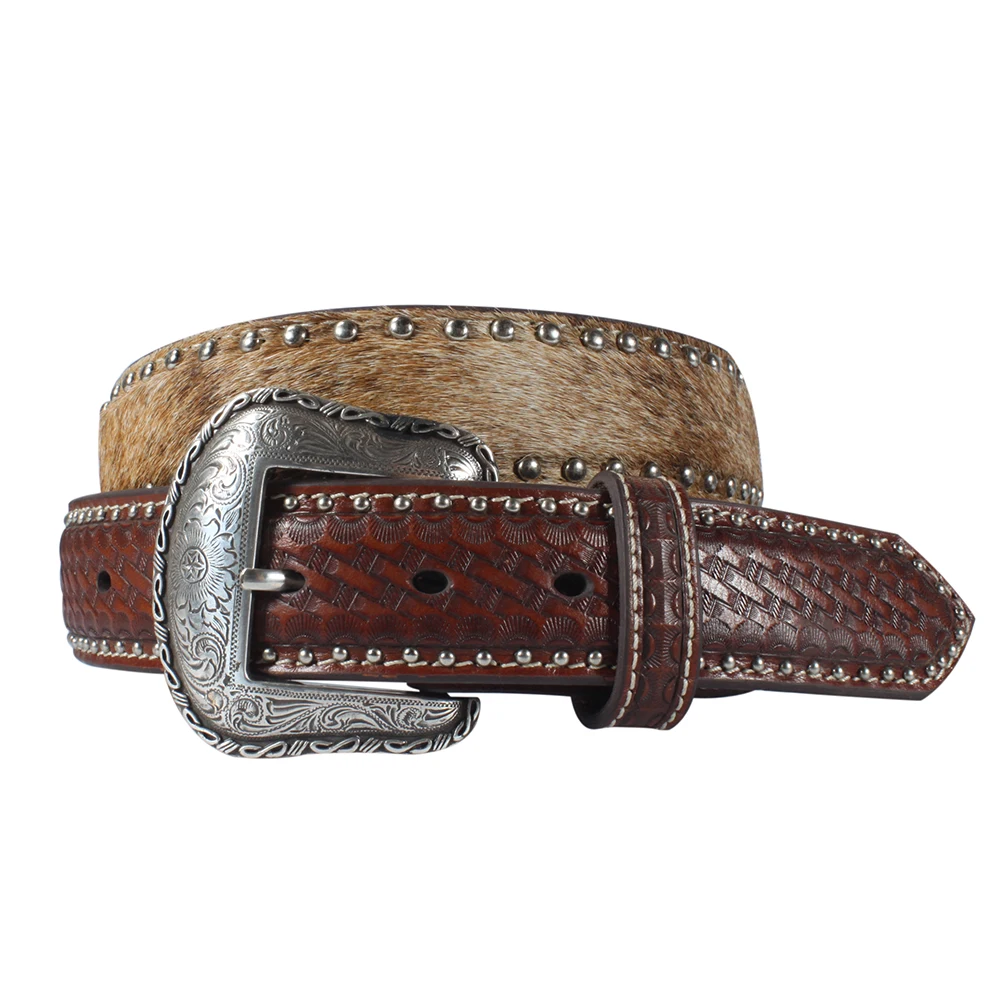 Western Cowboy  Emgraved Buckle Horse Hir Embossed  Studded Full Grain Genuine Leather Belt Men