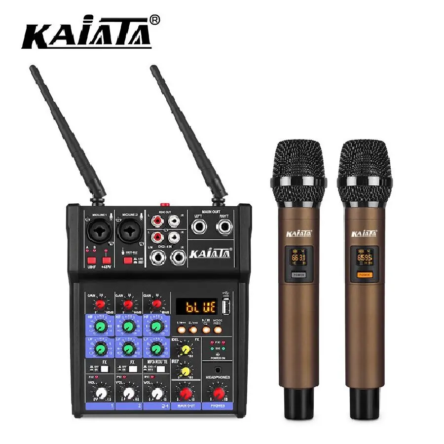 KAIKA G4- M1-2 Portable Wireless Microphone with Audio Mixer Kit Small 4-channel Karaoke Mixer