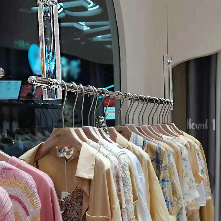 Acrylic clothing store display rack hanger hanging transparent crystal clothes hanger rod stainless steel brushed silver