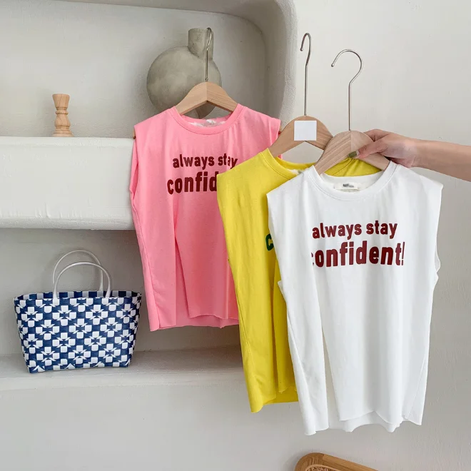 KS0998 Words print fashion toddler and kids girls summer sleeveless top 2022 cotton long slit t shirt