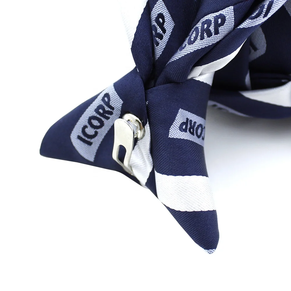 Mens Wholesale Custom Clip-on Neckties Polyester Jacquard Dark Dusty Blue White Striped Red Logo Security Clip On Ties For Men