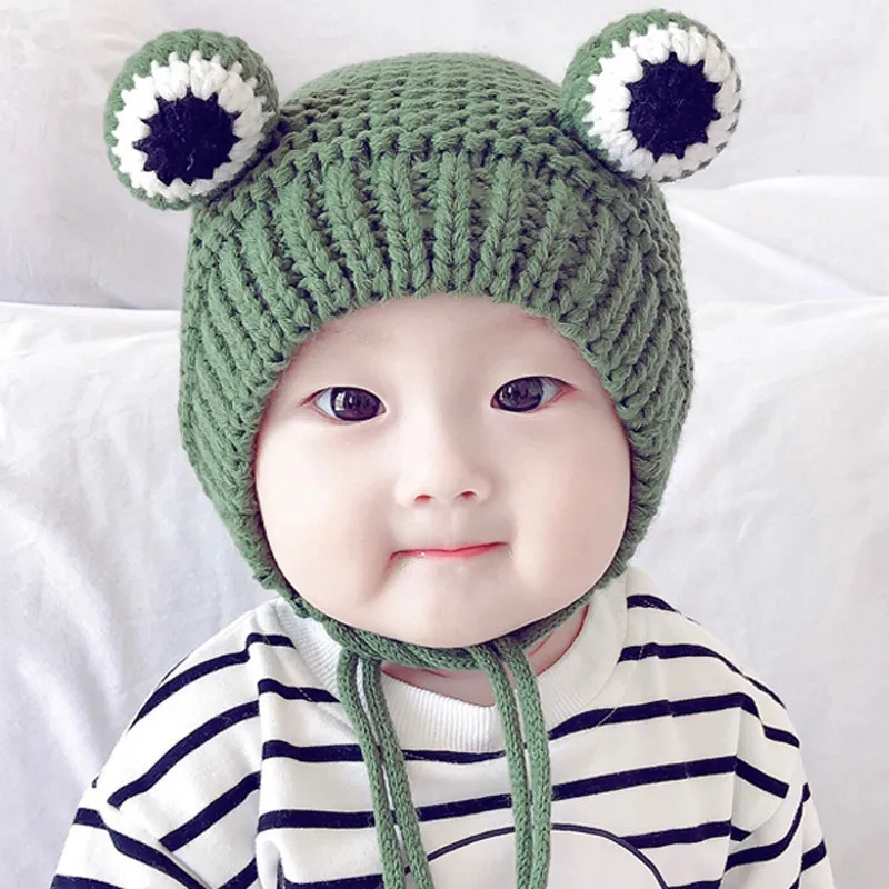 Custom Wholesale Winter Acrylic Knit Hat Baby New Born Thick Fleece Lined Frog Cute Beanies Soft High Quality Solid Fashion Warm