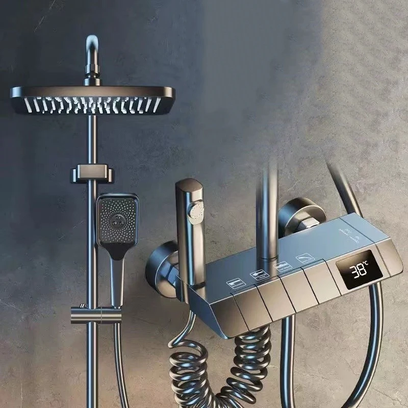 Piano Key Led Digital Mixer 4 Functions Brass Rainfall Thermostatic Shower Control Faucets Bath System Head Bathroom Shower Set