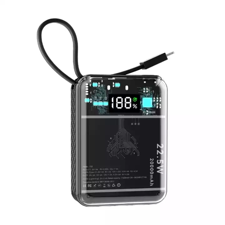 New Portable Transparent Power Bank 20000mAh PD 22.5W Fast Charging Mobile Power Cable Battery For Iphone Samsung Huawei