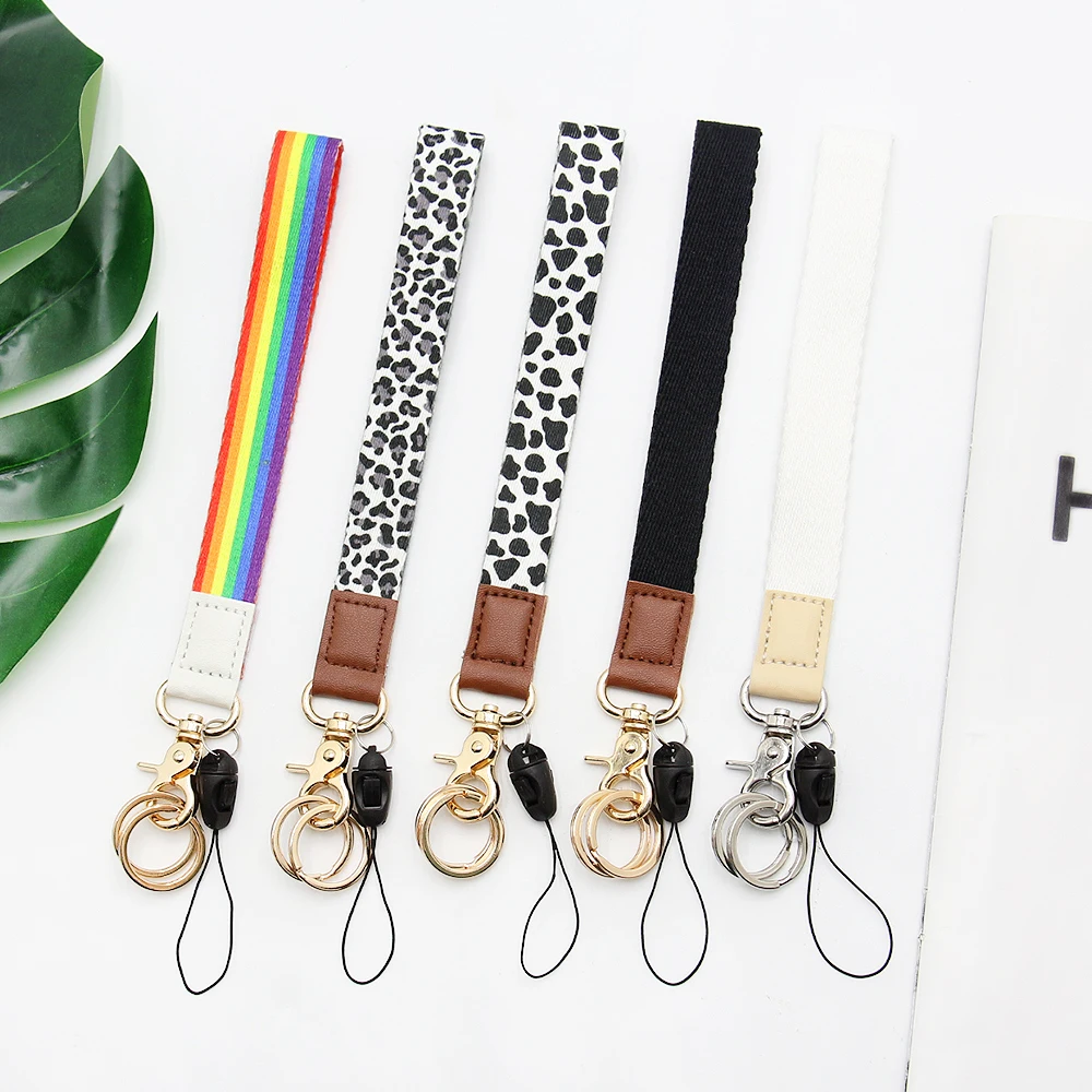 Custom Printed Luxury Hand Strap Wrist Embossed Leather Id Phone Lanyard Wristlet Key Chain Keychain