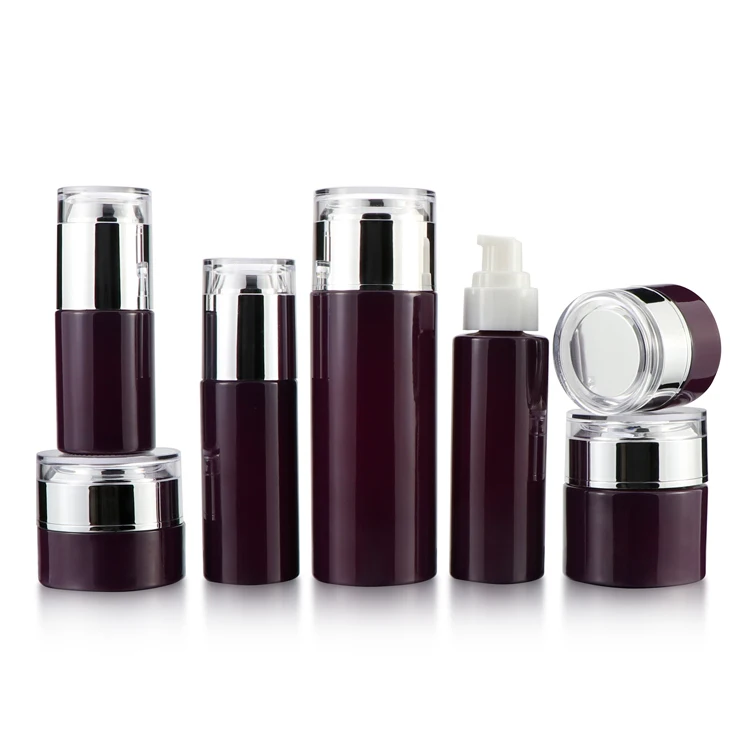 Custom purple cosmetic jars and bottles glass lotion bottle with pump empty cosmetic glass bottle set