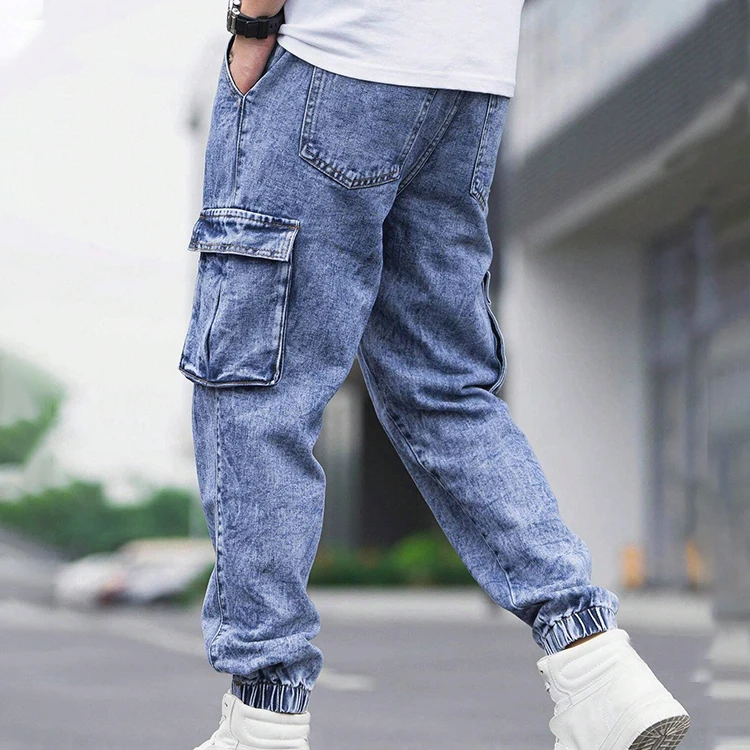 Custom Men Cotton Drawstring Waist Flap Pocket Wide Leg Acid Wash Cargo Jogger Jeans Pants Men