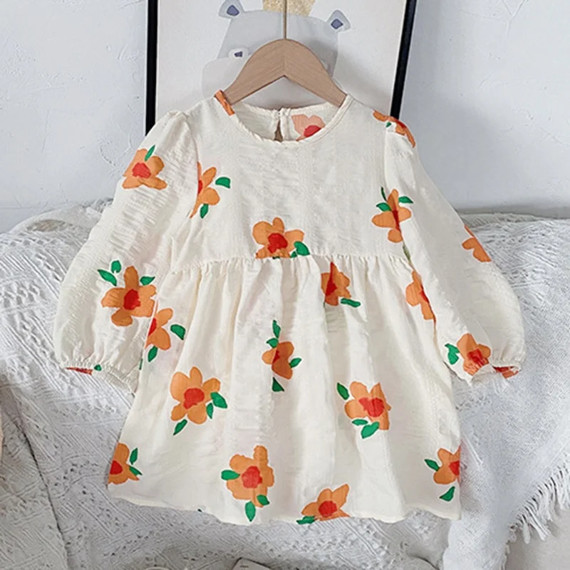 Baby Girls Flowers Long Sleeve Dresses 2022 Korean Style Sweet Dress Kids Fashion Casual Spring Clothes