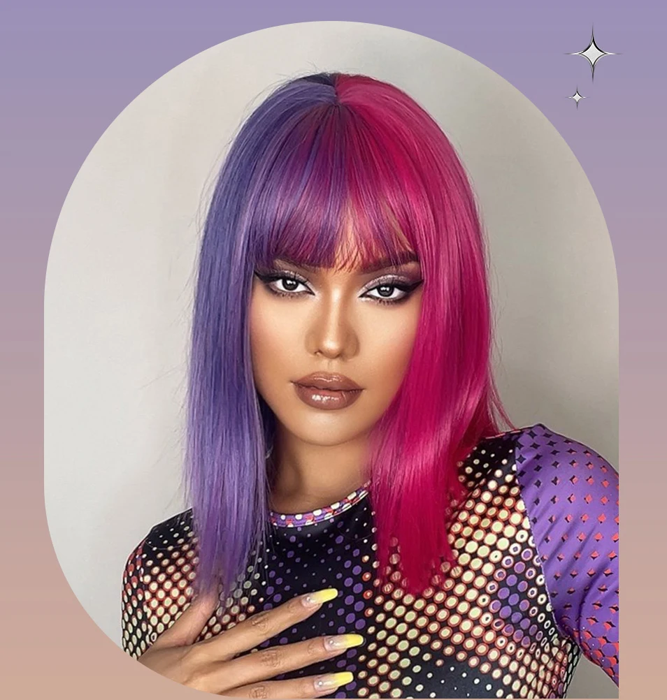 Wholesale Lolita Cosplay Christmas Halloween wig synthetic Hair Short Straight Purple Pink futura synthetic Wig With Bangs