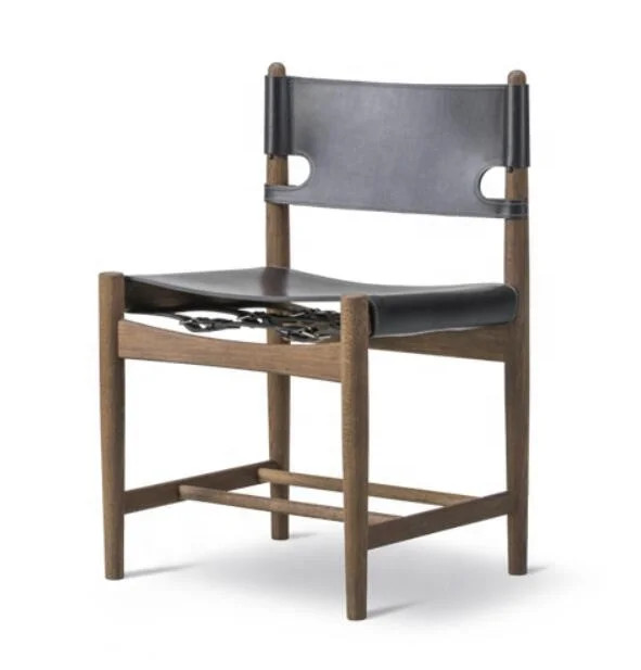 Mid Century Danish Design OAK Walnut Wood Handmade Chair Vegetable Tanned Saddle Genuine Leather Vintage Spanish Dining Chair