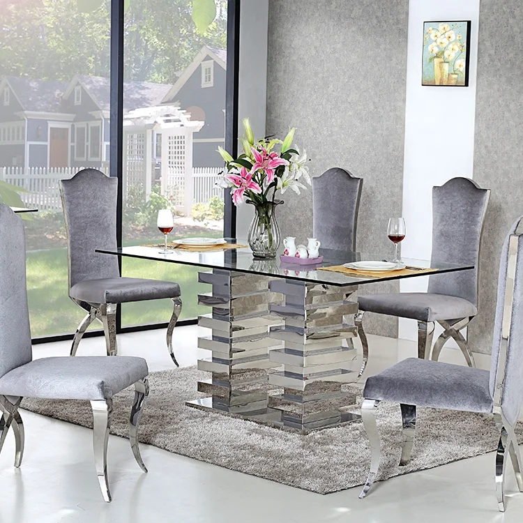 China Manufacturer Tempered Glass Top Stainless Steel Leg Rectangular Dining Table for Dining Room