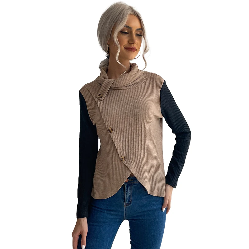 Women Stylish Long Sleeve Pullover Knit High Collar Irregular Patchwork Knitted Top