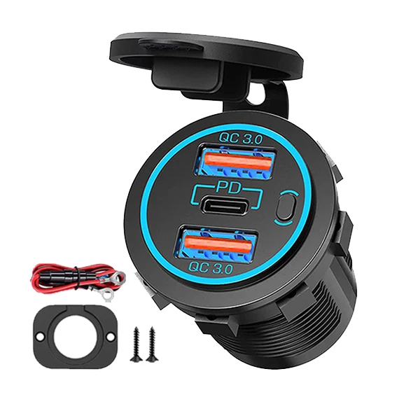 Dual QC3.0 Rapid Charger Adapter Triple Power Socket Electronic Car Accessory with USB & Cigarette Lighter Compatible PD USB