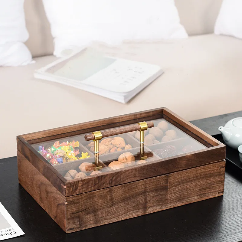 202408 Chinese Style Solid Wood Fruit Candy Box Walnut with Home Compartments Lid Nut Tray Dried Fruit Snack Storage Food Use
