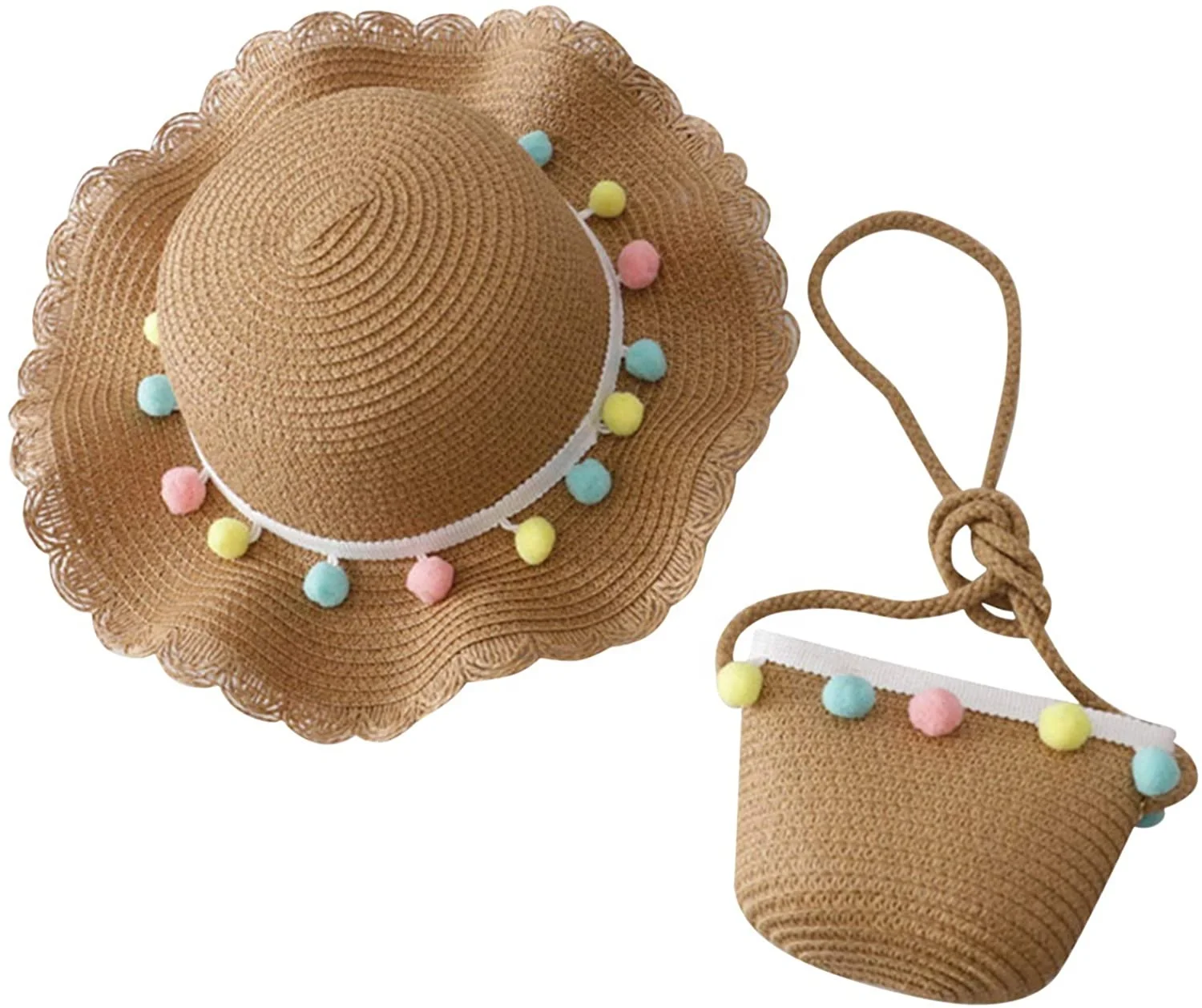 Cute Kids Toddler Baby Girls Multi-Colors Large Wide Brim Flower Beach Cap Sun Pompom Straw Hat and Bag Set