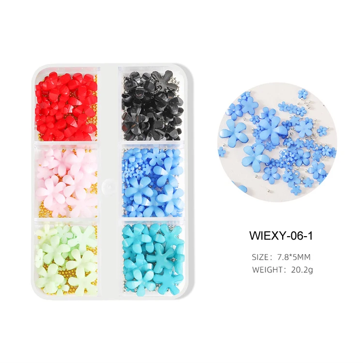 White Floral Nail Art Decorations Pearl Beads Resin Nail Rhinestone 6 Grids 3D Flower Nail Art Charms for Tips Manicure Decor