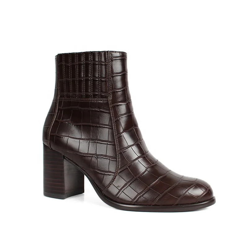 Custom Outdoor Winter Casual Women Boots Brown PU Leather Ankle Boots Chunky High Heel Shoes Customized Zip Booties for Women