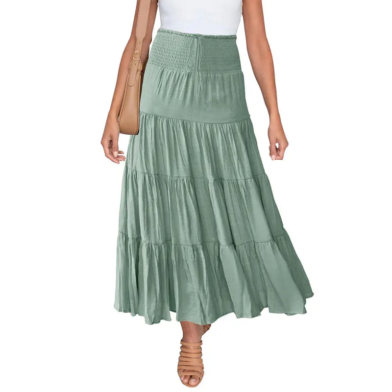 Custom Bohemian Women Summer Casual Elegant Plain A-line Tiered Maxi Skirt