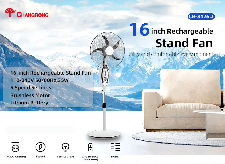 16 inch air cooling stand rechargeable fan with led light AC/DC function and rechargeable fan with lithium battery  solar fan
