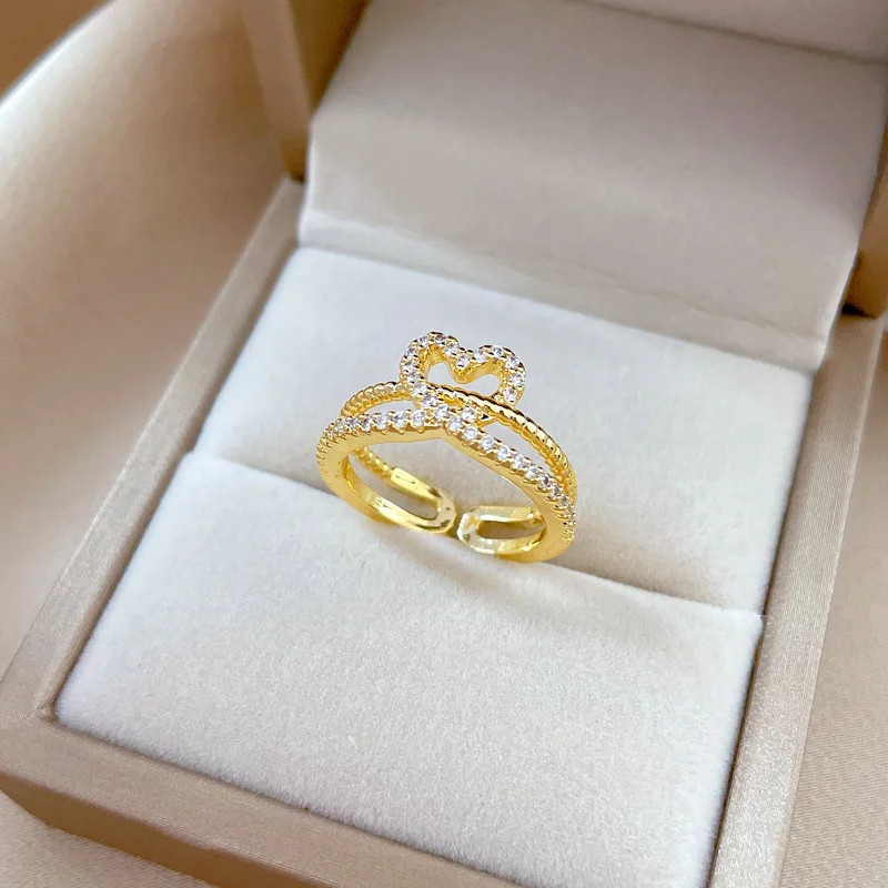 Brass 18 K Gold Plated Heart Love Diamond Two Cycles Rings for Women Hollow Metal Texture Multilayer Ring Trendy Jewelry