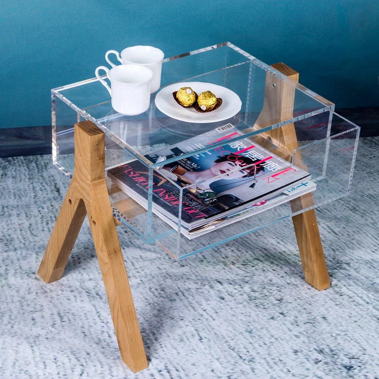 Wood Legs lucite chic design acrylic modern side table with drawer