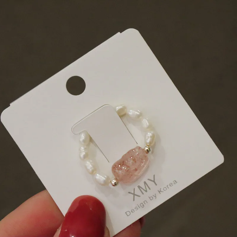 Natural crystal freshwater pearl tourmaline strawberry crystal do not fade elastic beaded ring