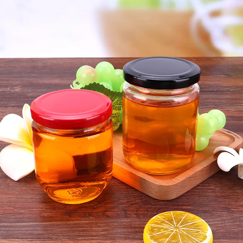 Контейнеры для пищевых продуктов стеклянные контейнеры упаковки перца меда желе торта с золотой черной крышкой