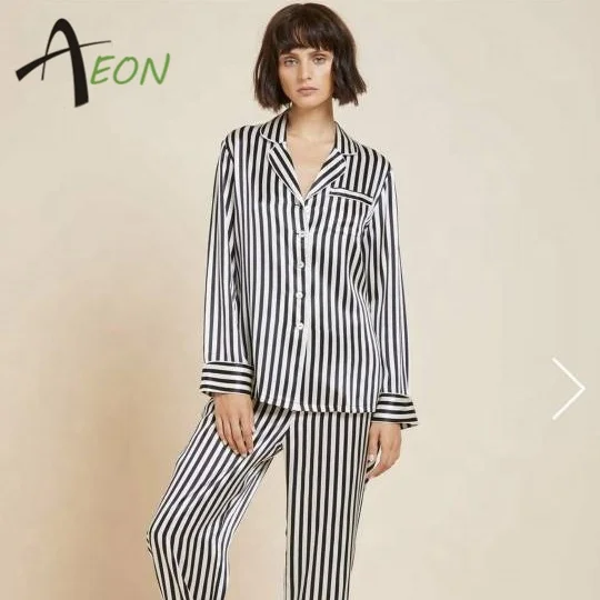 
Custom Stripe Silky Satin Long Pajama Set Women Sleepwear Satin Set Long Lingerie Pyjamas for Ladies 