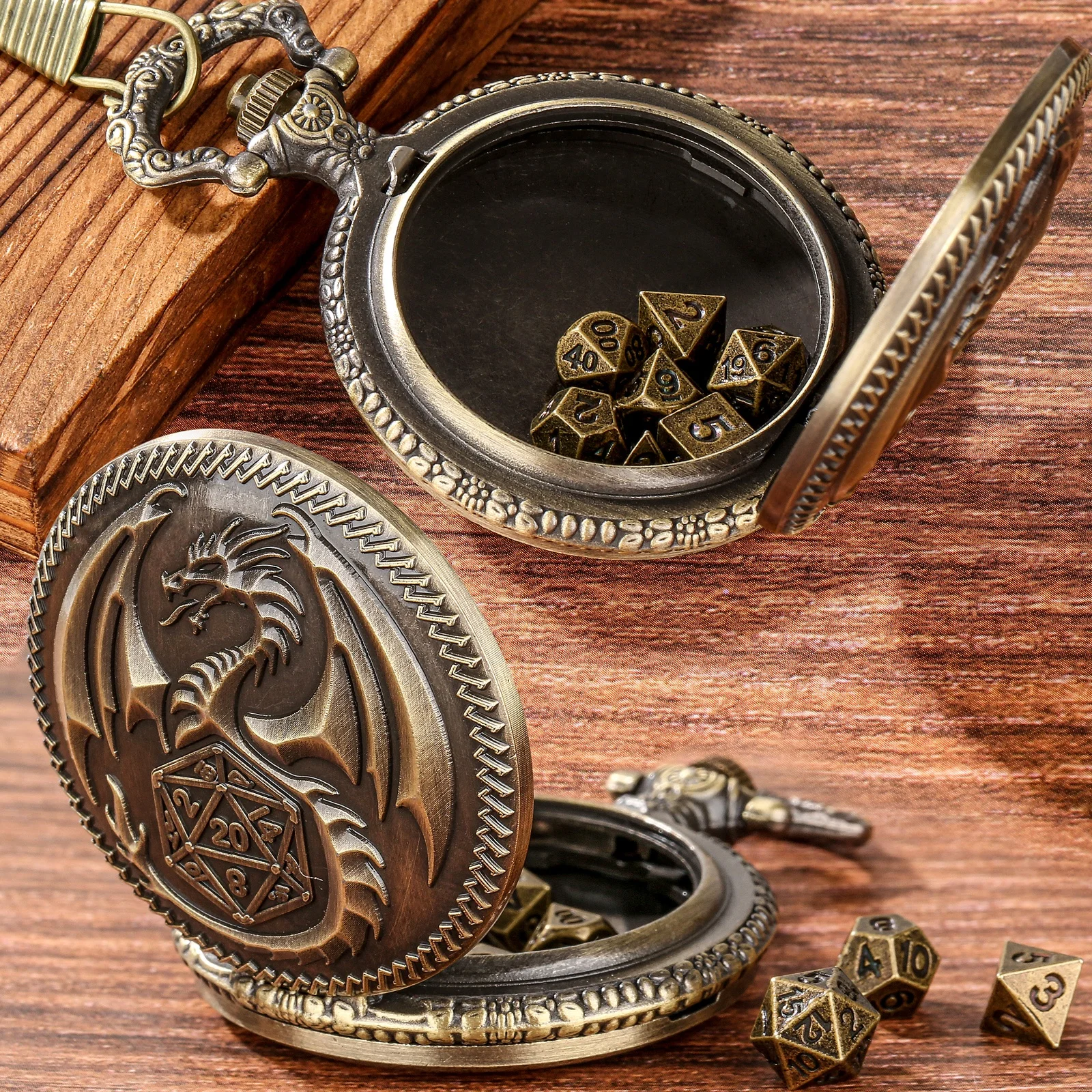 DND Dice Storage Case Pendant Gold Antique Old Pocket Watch for DND Player
