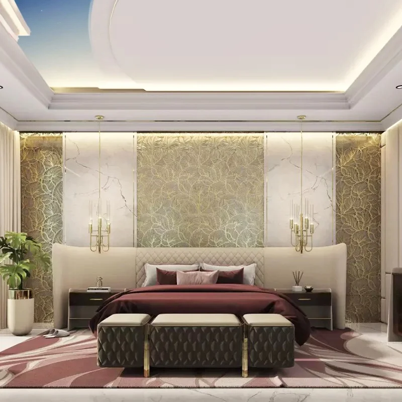 High end villa furnitures luxury velvet fabric large headboard bed set home super king size bed white bedroom furniture