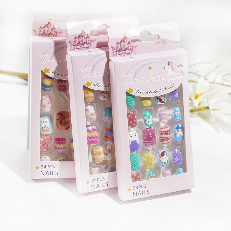 24pcs Easter Rabbits Stars Cute Nail Tips Short False Nail for Lovely Gifts Press on Nails for Kids