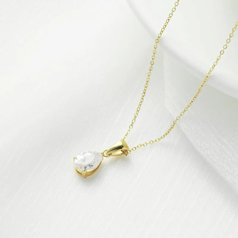 N042-007 Halo pretty gold single cubic zirconium stone stainless steel drop necklace