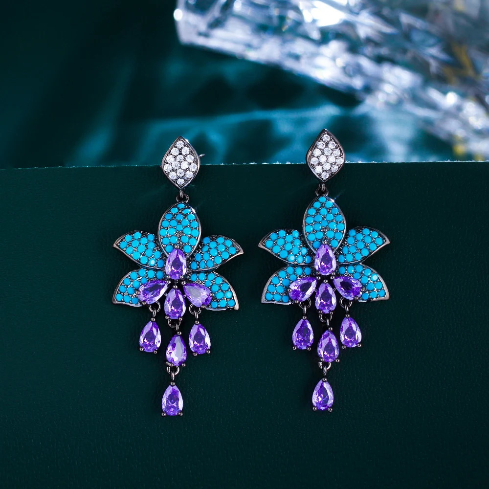Unusual Design 2024 Party Cubic Zircon and Turquoise Stone Long Drop Purple Earrings for Women Jewelry Accessories