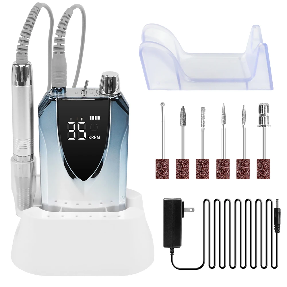 Electric Nail Drill for Acrylic Nails Professional 35000RPM Portable Rechargeable Nail File with Bits for Manicure Polishing Kit