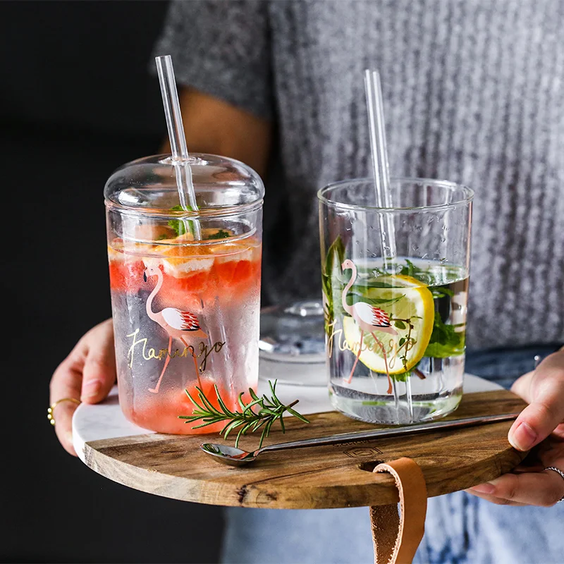 Customize OEM Logo Printing Borosilicate Glass Drinking Cups With Straw