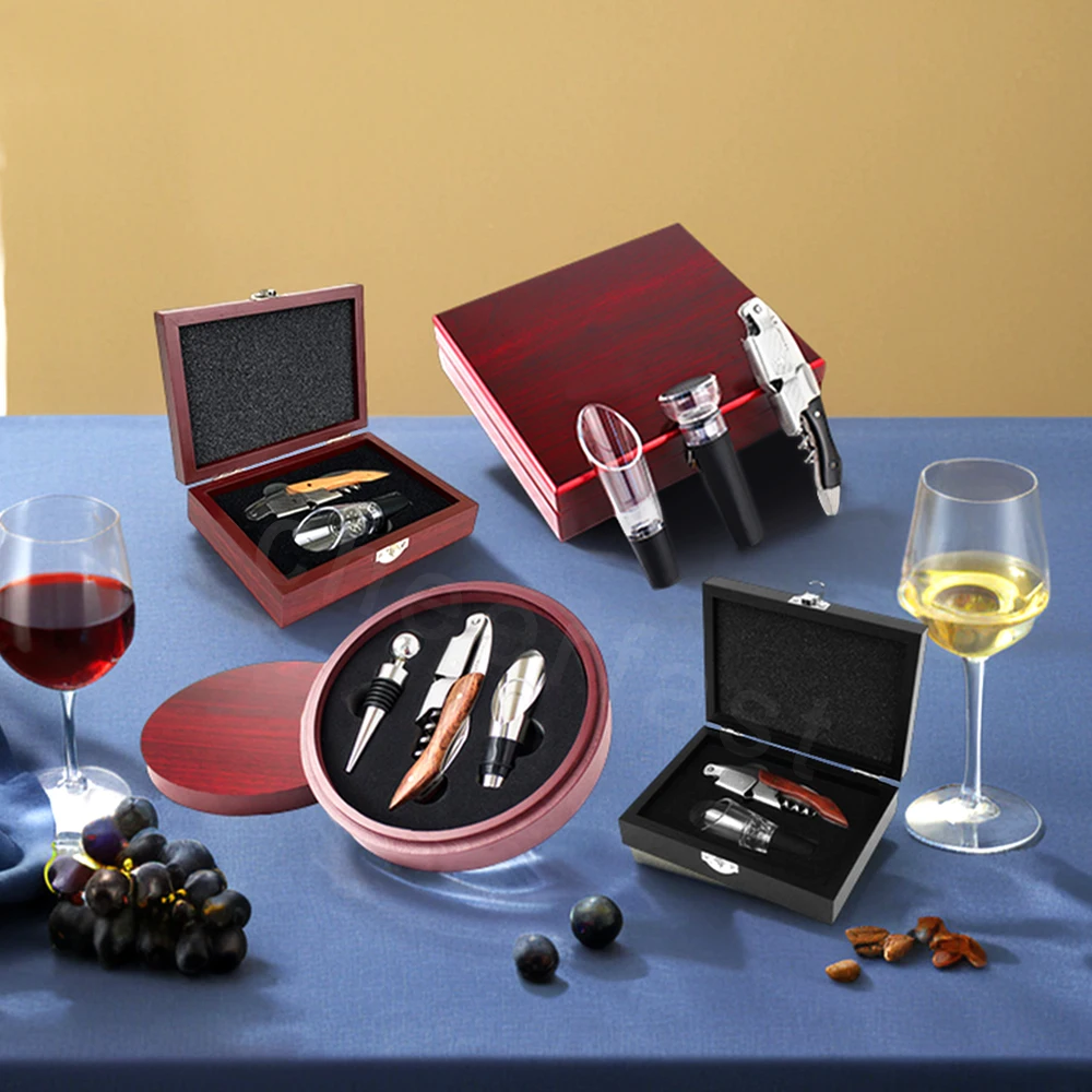 Excellent Cork Screw Red Wine Wood Corkscrew Pourer And Stopper Wooden Box Kit 3Pcs Bar Accessories Wine