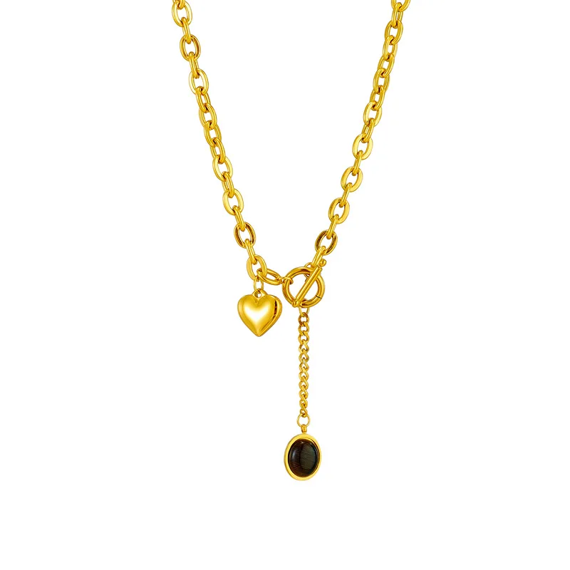 Simple Fashion 18K Gold Plated Tassels Thick Chain Stainless Steel T Buckle Love Pendant Necklace